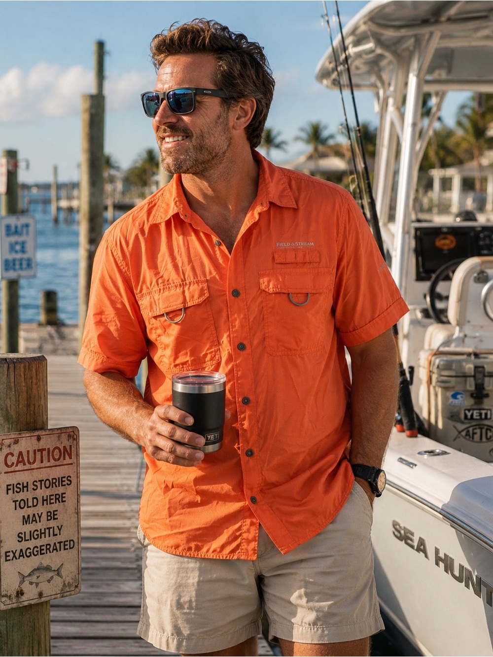 Field & Stream Fishing Shirt Men’s M Coral UPF 40 Vented Short Sleeve